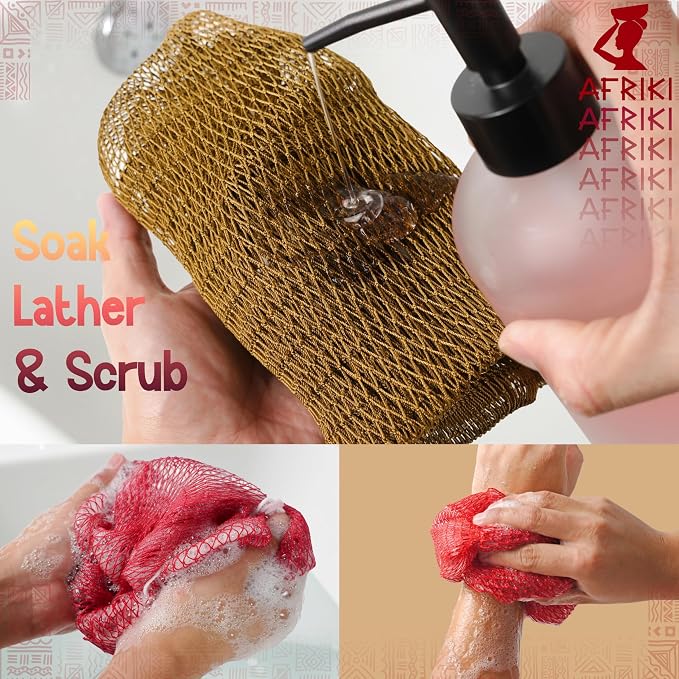 African Net Sponge, Premium Authentic Exfoliating Body Scrubber, Extra Long Stretch Bath Sponge for Shower, Deep Exfoliating Washcloth for Smooth Skin, 1 Pack (Red)