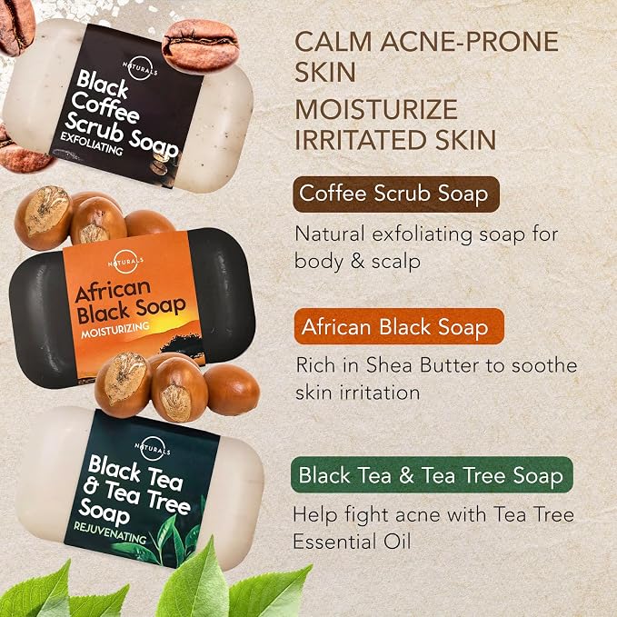 O NATURALS 100% Natural Bar Soap - Gift Set - Organic Ingredients & Essential Oils - Spa Gifts for Women & Men, Body Wash & Face Soap - 6PC Black Soap Collection - Mothers Days Gifts