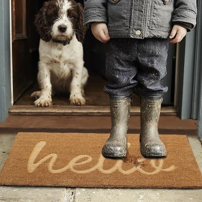 Croft&Cane Coco Coir Doormat - Non Slip Welcome Doormat with Deep Groove Dirt Trapping Hello Design - Low Profile Front Door Mat - Indoor Outdoor Entryway Patio Rug - 17 x 30 Inches