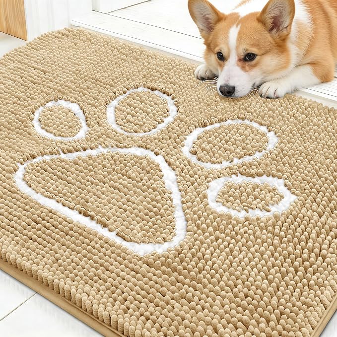 OLANLY Dog Door Mat for Muddy Paws 30x20, Paw Print Design, Absorbs Moisture and Dirt, Absorbent Non-Slip Washable Doormat, Quick Dry Chenille Mud Mat for Dogs, Entry Indoor Entryway Carpet, Beige