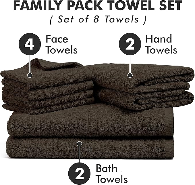 Bath Towels Set of 8 – 100% Cotton (Dark Brown) Bathroom Towel Set Bale Includes 2 Bath, 2 Hand, 4 Face Towels – Soft, Absorbent & Quick Dry Towel for Bathroom, Spa, Kitchen, Hotel Use