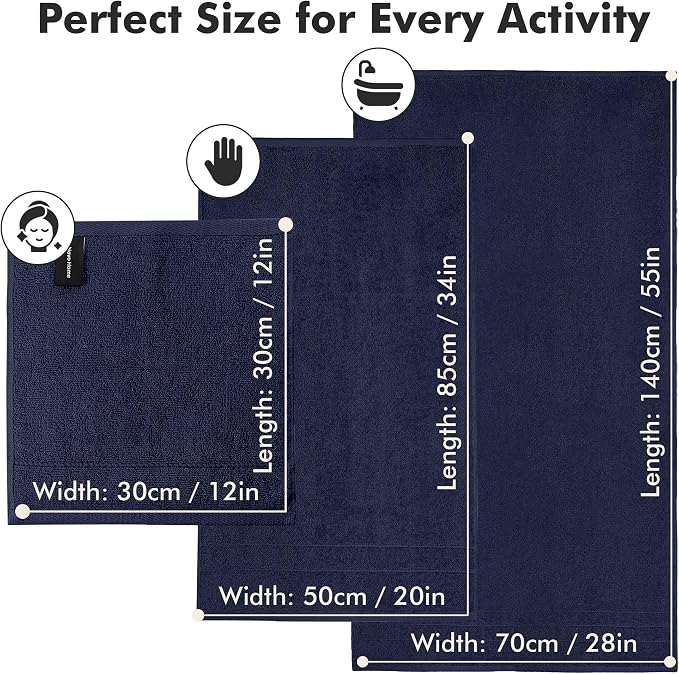 Bath Towels Set of 8 – 100% Cotton (Navy Blue) Bathroom Towel Set Bale Includes 2 Bath, 2 Hand, 4 Face Towels – Soft, Absorbent & Quick Dry Towel for Bathroom, Spa, Kitchen, Hotel Use