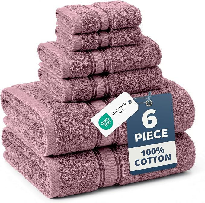 LANE LINEN Luxury Bath Towel Set - 6 Piece Set, 100% Cotton Bathroom Towels, Zero Twist, Quick Dry Shower Towels, Absorbent Towel, 2 Bath, 2 Hand, 2 Wash Cloths - Wishful Mauve