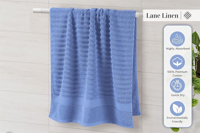 LANE LINEN 100% Cotton Bath Towel - 6 Piece Set - Hotel Grade Luxury Zero Twist Cotton - 2 Bath, 2 Washcloths, 2 Hand Towels for Bathroom - Super Soft, Quick Dry & Highly Absorbent - Cerulean Blue