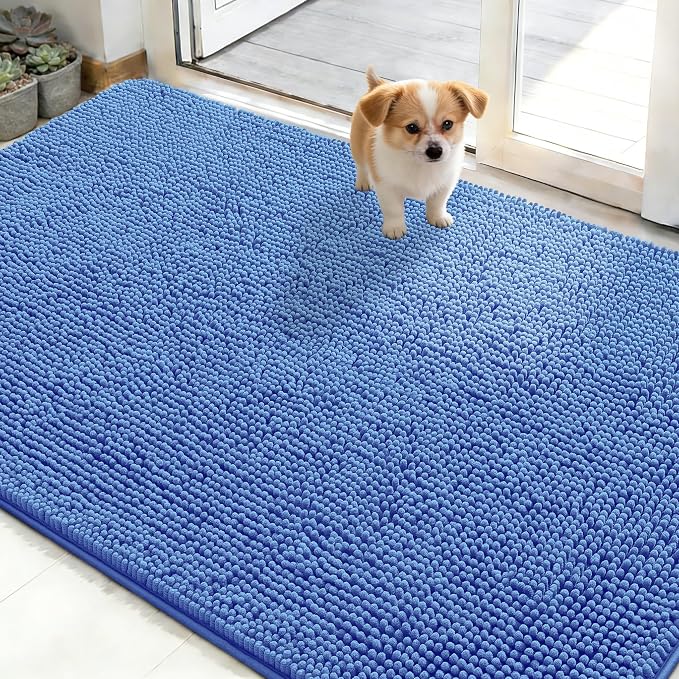 OLANLY Dog Door Mat for Muddy Paws 48x30, Absorbs Moisture and Dirt, Absorbent Non-Slip Washable Doormat, Quick Dry Chenille Mud Mat, Entry Indoor Entryway Carpet for Inside Floor, Cornflower Blue