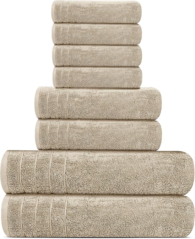 Tens Towels Pack of 8 Towels Set, 2 Extra Large Bath, 2 Hand, 4 Washcloths, 100% Cotton, Lighter Weight, Quicker to Dry, Super Absorbent, Perfect for Bathroom, Beige