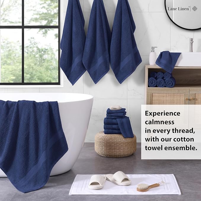 LANE LINEN Cotton Bath Towel Set - 18 Piece - Low Twist, Soft & High Absorbency - 4 Bath, 8 Wash Cloth, 6 Hand Towels - Classic Hotel Quality, Durable & Ideal for Modern Bathrooms - Navy Blue