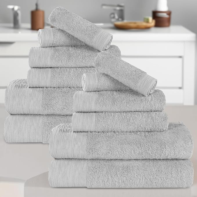 Superior Rayon from Bamboo Blend 12-Piece Towel Set, Luxury Quick Dry, Bathroom Essentials, Shower, Spa, Plush Soft Absorbent Towels, Includes 4 Bath, 4 Hand, 4 Washcloth/Face Towels, Platinum