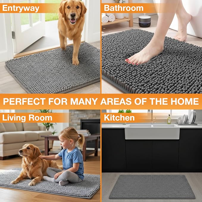 Neater Pets Muddy Paws Dog Door Mat 30” x 20” – Super Absorbent & Quick-Dry Chenille Doormat for Trapping Dirt, Water, Mud - Non-Slip, Machine Washable Pet Rugs for Entryway, Indoor Mud Mats, Charcoal