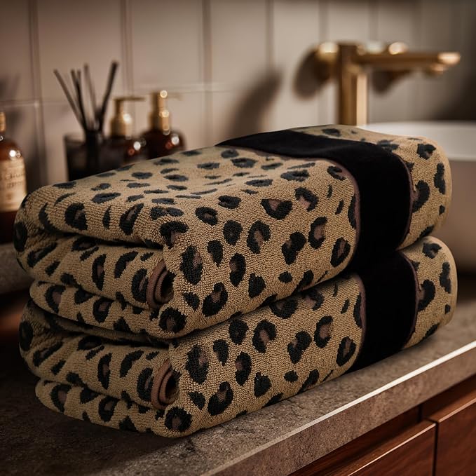 COTTON CRAFT Cheetah Bath Towel - 2 Pack Large 30 x 52 Animal Print Leopard Africa Safari 100% Cotton Jacquard Towel - 550 GSM Soft Absorbent Luxurious Bathroom Shower Spa Decorative Guest Towel