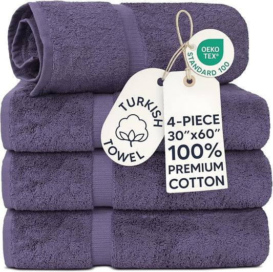 Chakir Turkish Linens 4 Piece Extra Large Bath Towels, 100% Cotton Luxury Turkish Towels for Bathroom, Soft Absorbent Bath Towels, 30 x 60 Inches, Plum