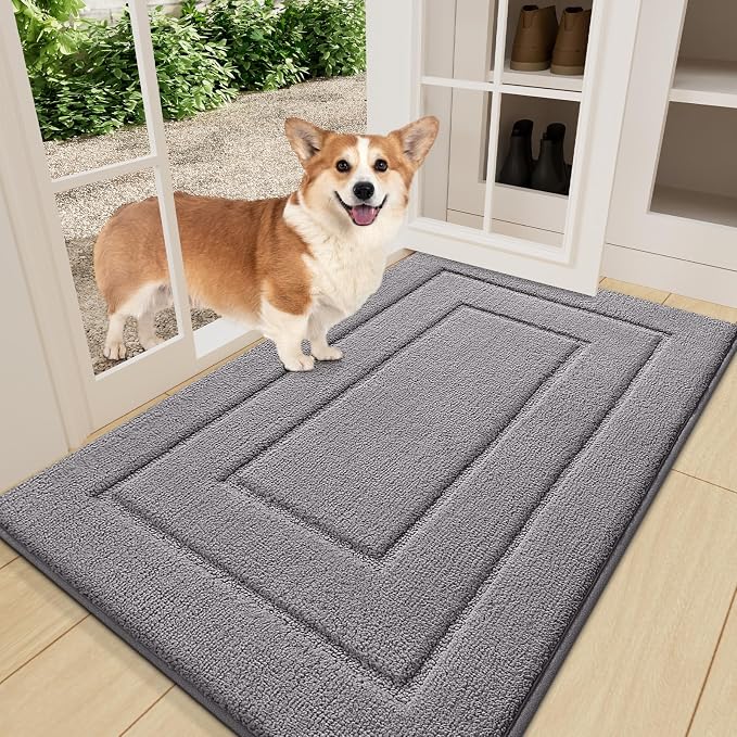 Smiry Dog Door Mat for Muddy Paws, Absorbs Moisture and Dirt, Low-Profile Entryway Mat with Non-Slip Backing, Entry Indoor Outdoor Doormat for Inside Floor (36x24 Inches, Grey, Bordered)