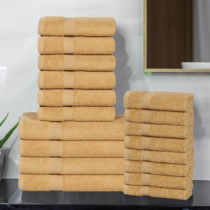 Superior 18-Piece Cotton Assorted Towel Set, Includes 8 Face Towel, 6 Hand, and 4 Bath Towels, Home, Bathroom, Guest Bath Essentials, Quick Dry, Absorbent, Franklin Collection - Gold