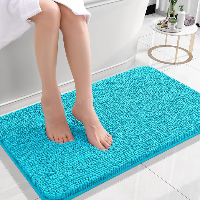 OLANLY Small Bathroom Rugs 24x16, Extra Soft Absorbent Chenille Bath Rugs, Rubber Backing Quick Dry, Machine Washable Bath Mats for Bathroom Floor, Tub and Shower, Home Decor Accessories, Aqua Sky