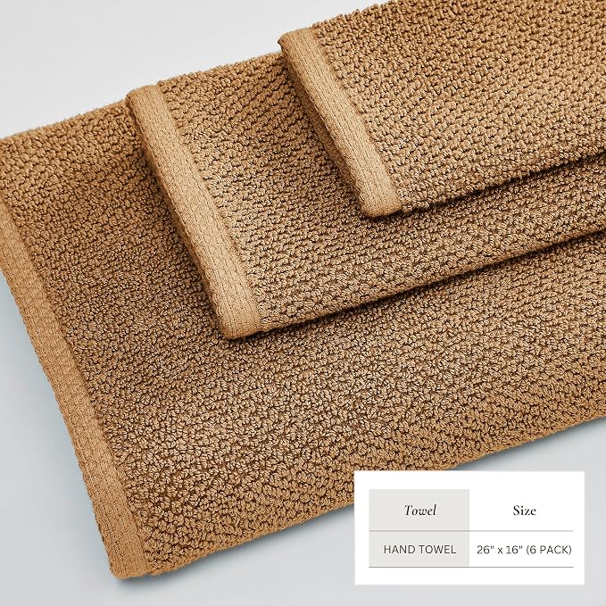 Great Bay Home 100% Cotton 6 Pack 26x16 Hand Towel Set - Absorbent, Quick-Drying, Durable Towels for Bathroom Decor - Low-Twist, Two-Ply Fibers (Mocha)