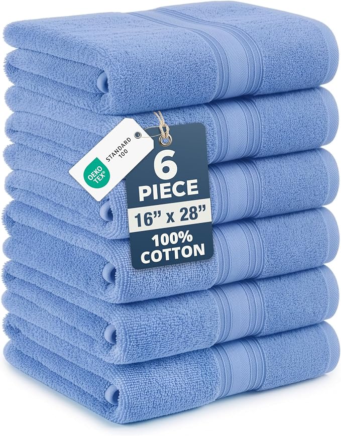 LANE LINEN Bath Hand Towels for Bathroom - Pack of 6 (16" x 28"), 100% Cotton Hand Towel - Soft, Durable, Quick Dry & Highly Absorbent - Hotel Quality Face Towels for Salons & Home Use - Cerulean Blue