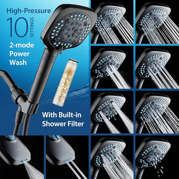 AquaCare 4X High Pressure 10 Spray Mode Filtered Showerhead - Handheld Shower Head Filters Chlorine to Heal Dry Skin, Revive Hair - Dual Power Wash Cleans Tub, Tile, Pets - Hard Water Softener, ORB
