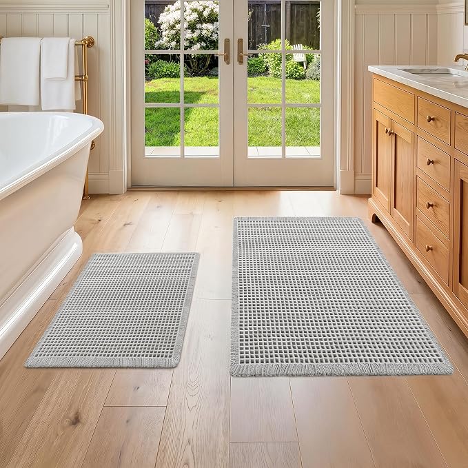 DWCN Set of 2 Waffle Bathroom Mats, Non Slip Bath Rug Set for Bathroom Floor, Super Absorbent Shower Mats for Tub, Washable Kitchen Rugs for Farmhouse Boho Home Decor, 16" x 24" Plus 24" x 48", Grey