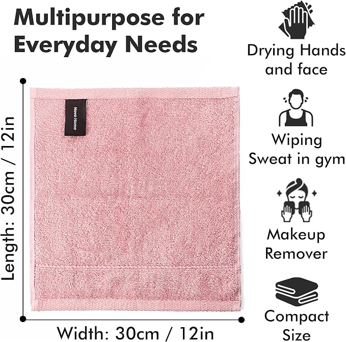 Face Towels Pack of 12 – 100% Cotton Wash Cloths (12x12 inch) – 550 GSM Soft, Quick Dry & Highly Absorbent Ring Spun Cotton Towels for Bathroom, Spa, Gym, Kitchen and for Daily Use - (Baby Pink)