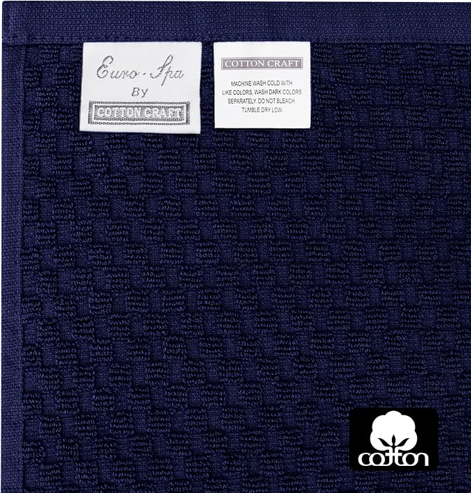 COTTON CRAFT Waffle Weave Wash Cloth - 12 Pack Luxurious Pure Ringspun Cotton Euro Spa Bathroom Face Towel - Absorbent Quick Dry Gym Shower Bath Kitchen Travel - 12x12 inches - Navy