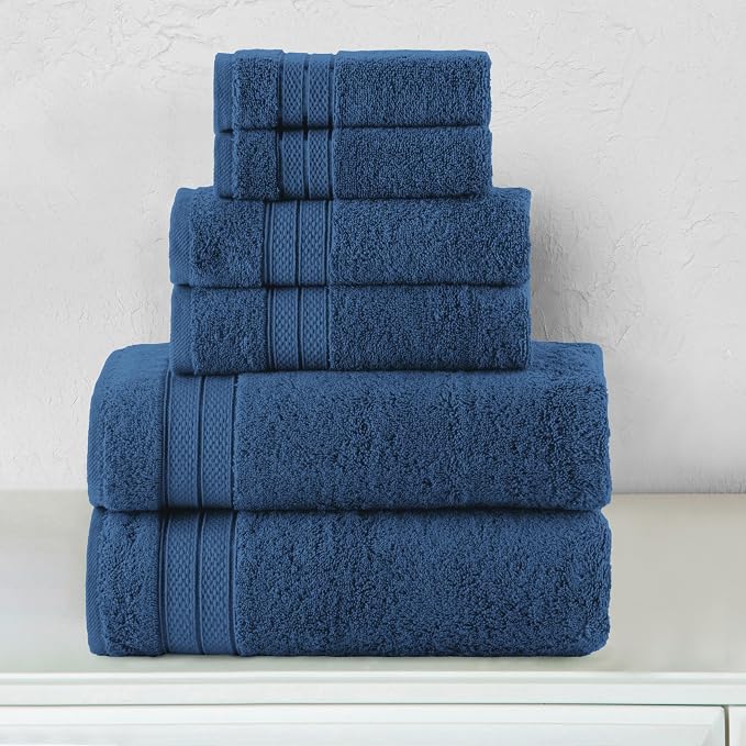 Elegant Comfort Luxury 6-Piece Towel Set, Premium Soft 100% Turkish Cotton, Three Line Popcorn Design 2 Bath Towels, 2 Hand Towels and 2 Washcloths Towel Set - Quick-Drying and Absorbent, Navy Blue