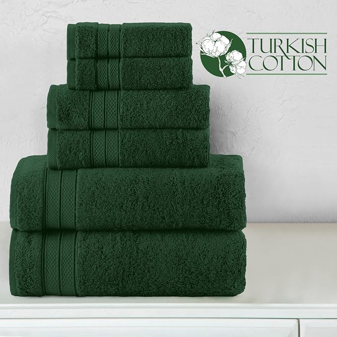Elegant Comfort Luxury 6-Piece Towel Set, Premium Soft 100% Turkish Cotton, Three Line Popcorn Design 2 Bath Towels, 2 Hand Towels and 2 Washcloths Towel Set - Quick-Drying and Absorbent, Forest Green
