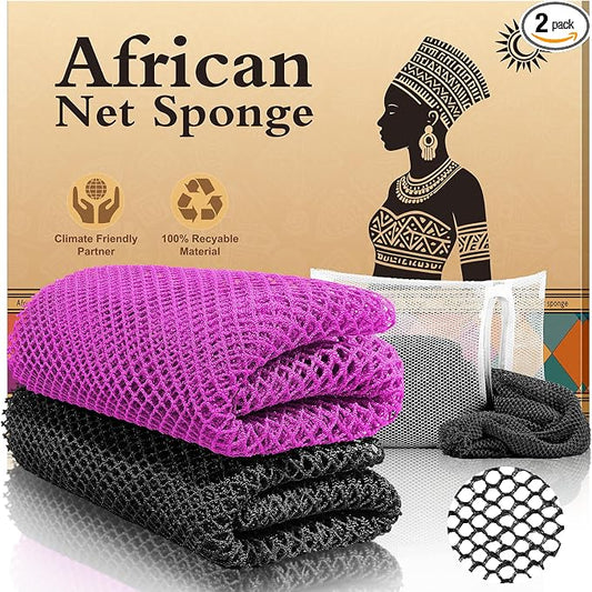 Authentic African Net Sponge - 2 Pieces Deep Clean Exfoliator - Premium Fabric, Gentle Exfoliation for Body & Shower Use (Purple & Black)