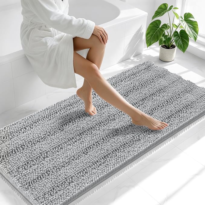 Smiry Thick Chenille Bathroom Runner Rugs 59x24, Absorbent Striped Bath Mat, Machine Washable, Rubber Backing, Extra Long Bath Rugs for Tub & Shower, Modern Home Decor Accessories, Light Grey