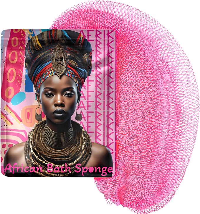 African Net Sponge, Premium Authentic Exfoliating Body Scrubber, Extra Long Stretch Bath Sponge for Shower, Deep Exfoliating Washcloth for Smooth Skin, 1 Pack (Pink)