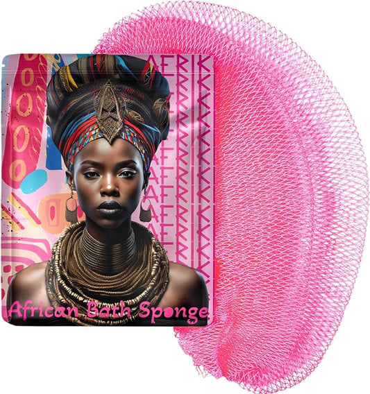 African Net Sponge, Premium Authentic Exfoliating Body Scrubber, Extra Long Stretch Bath Sponge for Shower, Deep Exfoliating Washcloth for Smooth Skin, 1 Pack (Pink)
