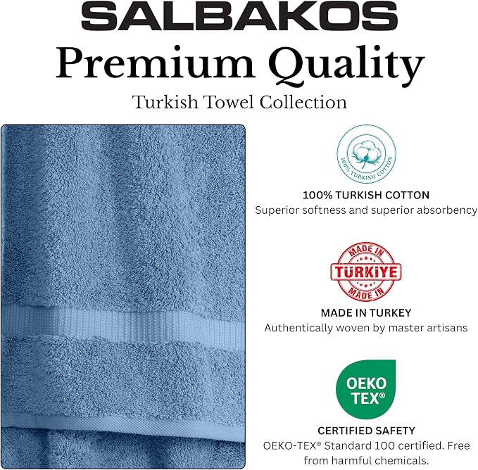SALBAKOS 100% Turkish Cotton Bath Towels | 4 Piece Turkish Bath Towels Blue 27x54 in Standard Size | Premium Hotel Quality, Super Absorbent, Thick & Plush Turkish Bath Towel (Blue, 4 Bath Towels)