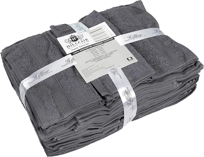 Hillfair 24 Piece Bath Towel Set - 100% Cotton - 2 XXL, 4 Bath, 6 Hand, 4 Fingertip, 8 Washcloths: Platinum