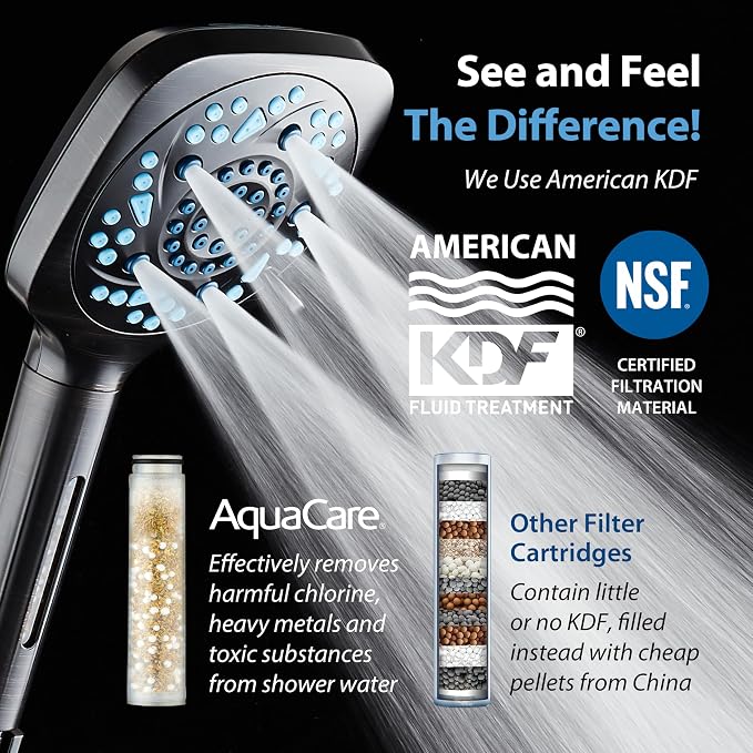 AquaCare High Pressure 10 Spray Mode Filtered Showerhead - Handheld Shower Head Filters Chlorine to Heal Dry Skin, Revive Hair - Dual Power Wash Cleans Tub, Tile, Pets - Hard Water Softener, ORB