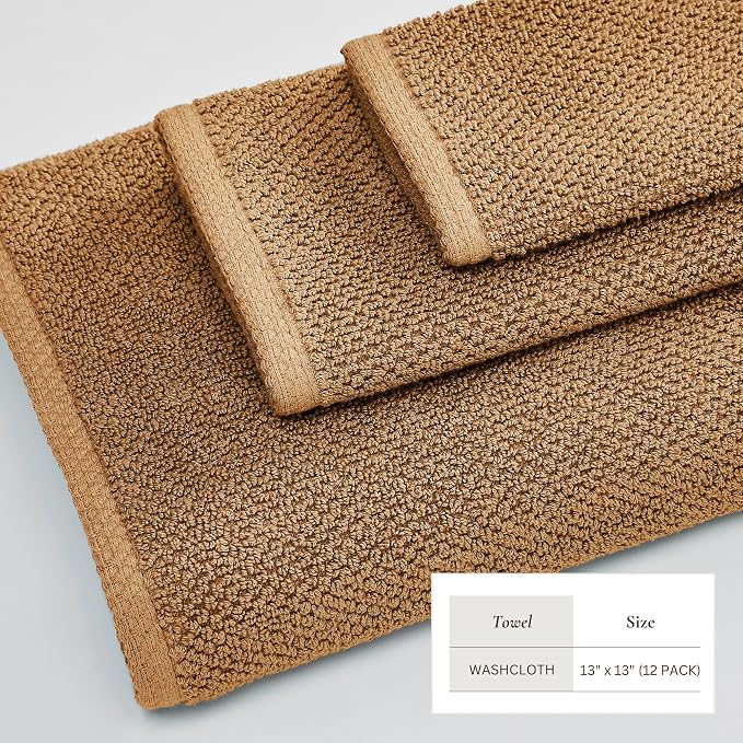 Great Bay Home 100% Cotton 12-Pack 13x13 Wash Cloth - Absorbent, Quick-Drying, Durable Face Towels for Bathroom Decor - Low-Twist, Two-Ply Fibers (Mocha)