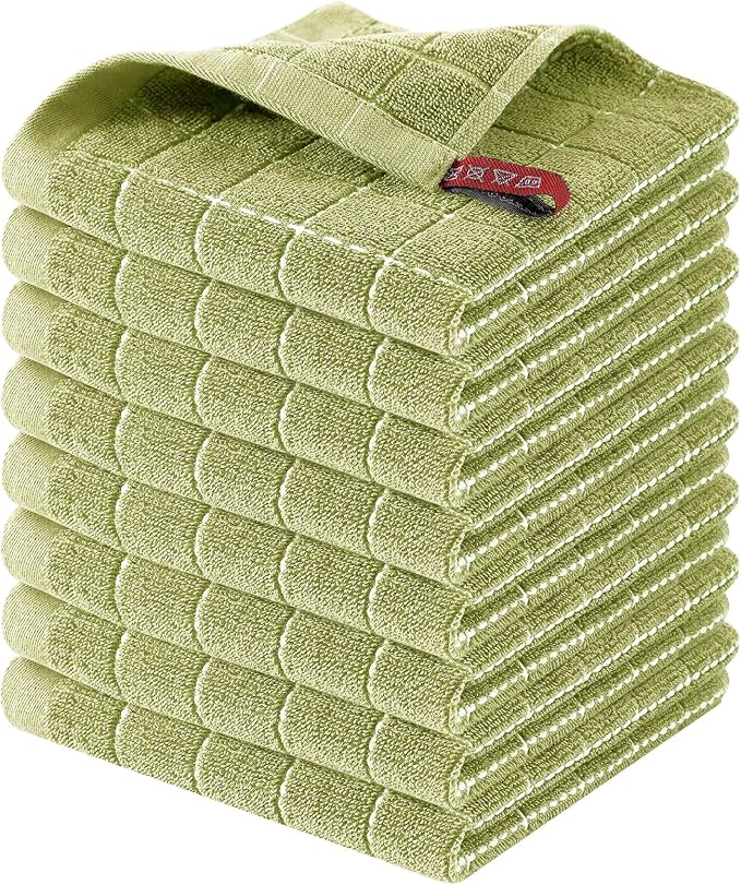 Homaxy 100% Cotton Terry Kitchen Dish Cloths, Ultra Soft and Absorbent Dish Towels for Kitchen, Suitable for Drying and Washing Dishes, 8 Pack, 12 x 12 Inches, Sage Green