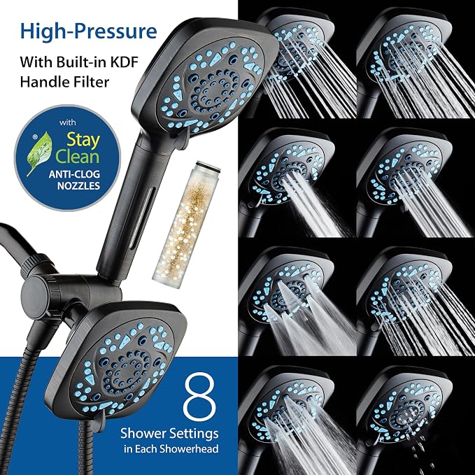 6-way High Pressure 82 Spray Mode Filtered Showerhead Combo - Handheld Shower Head Filters Chlorine to Heal Dry Skin, Revive Hair - Dual Power Wash Cleans Tub, Tile, Pets - Hard Water Softener, ORB