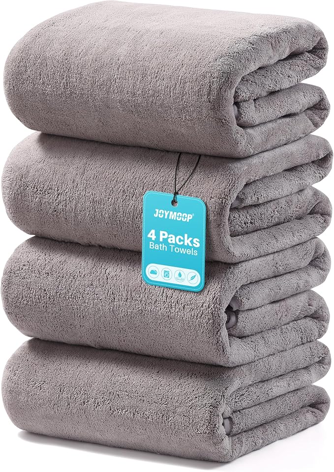 JOYMOOP Bath Towels 4 Packs Extra Large 60" x 30", Quicker to Dry Mcirofiber Towels for Bathroom, Larger & Lighter Weight, Super Soft and Absorbent, Bathroom Towels, Grey
