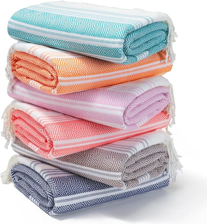 Genovega 6 Packs Oversized Turkish Beach Bath Towel Set Bulk 74"x38" Extra Large Sand Free Quick Dry Swim Camping Pool Clearance Towels Travel Blanket Adult Essentials Green Pink Red Stripe