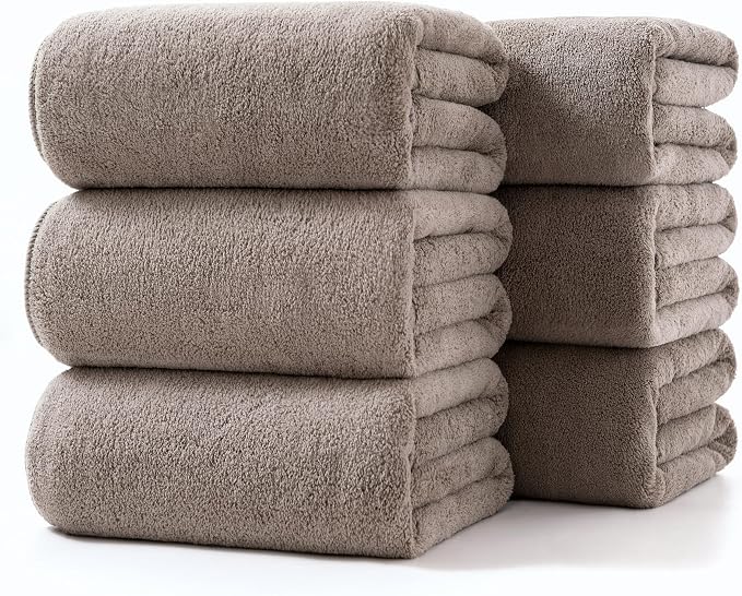 Lumimi Towels 6 Piece Soft Microfiber Bath Towel Set Salon Gym Yoga Travel Incredibly Absorbent Lightweight Quick Dry and Durable, 55" L x 27" W, Big 6 Pack Elegant Grey Brown
