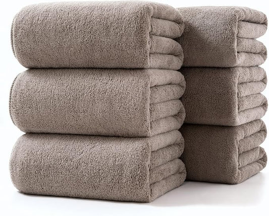 Lumimi Towels 6 Piece Soft Microfiber Bath Towel Set Salon Gym Yoga Travel Incredibly Absorbent Lightweight Quick Dry and Durable, 55" L x 27" W, Big 6 Pack Elegant Grey Brown