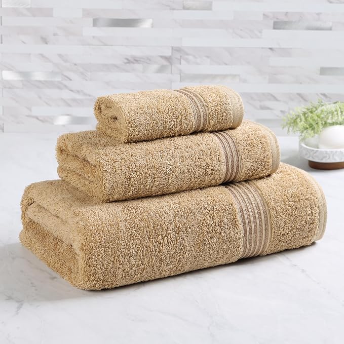 Superior Egyptian Cotton 3-Piece Towel Set, Basic Towels For Bathroom, Home Decor, Guest Bath, Shower, Apartment, Included 1 Face, 1 Hand, 1 Bath Towel, Washcloth, Quick Dry, Toast
