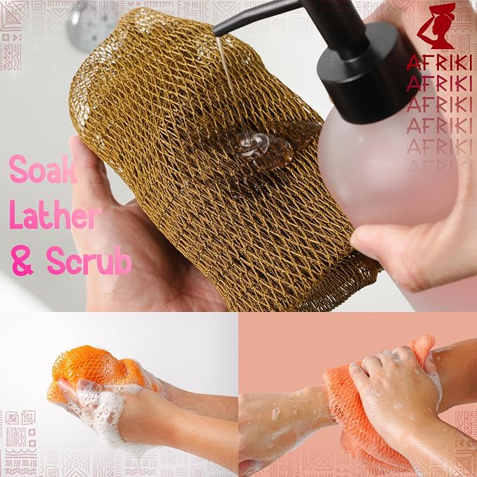 African Net Sponge, Premium Authentic Exfoliating Body Scrubber, Extra Long Stretch Bath Sponge for Shower, Deep Exfoliating Washcloth for Smooth Skin, 1 Pack (Rose Gold)