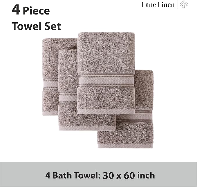 LANE LINEN 100% Cotton Bath Towels Set of 4 (30"x60") - Zero Twist, Mercerized Cotton Bathroom Towel Set - Quick Dry, Soft & Absorbent Large Bath Towels - Mininmal Linting After 3 Washes - Platinum