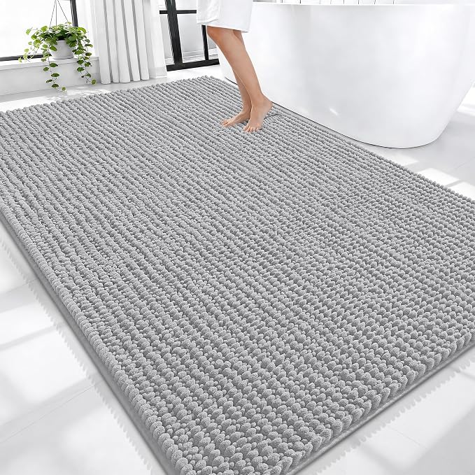 OLANLY Thick Large Bathroom Rugs 70x46, Extra Soft Absorbent Chenille Bath Rugs, Rubber Backing, Machine Wash Dry, Bath Mats for Bathroom Floor, Tub and Shower, Home Decor Accessories, Light Grey