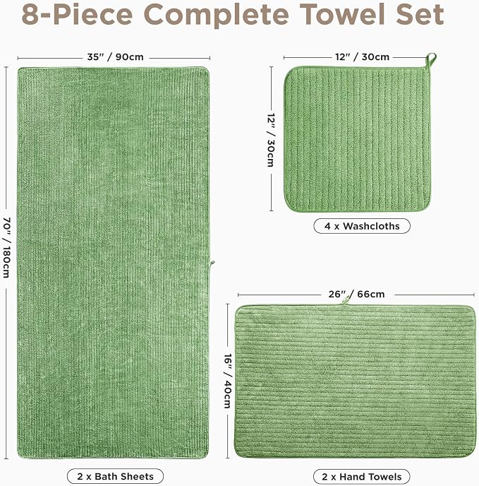 Oversized Bath Towels 8 Piece Towel Set, 2 Extra Large Bath Sheets, 2 Hand, 4 Washcloths, Luxury Soft Super Absorbent Thick Shower Towels for Bathroom, Spa & Hotel, Quick Dry, Sage Green