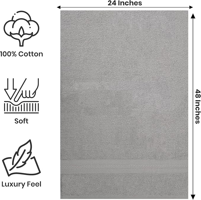 Bath Towels Pack of 6 – 24" x 48" – 100% Cotton Terry, Soft, Quick-Dry & Highly Absorbent – Multi Assorted Towels for Bathroom, Spa, Gym, Hotel, Pool & Everyday Use
