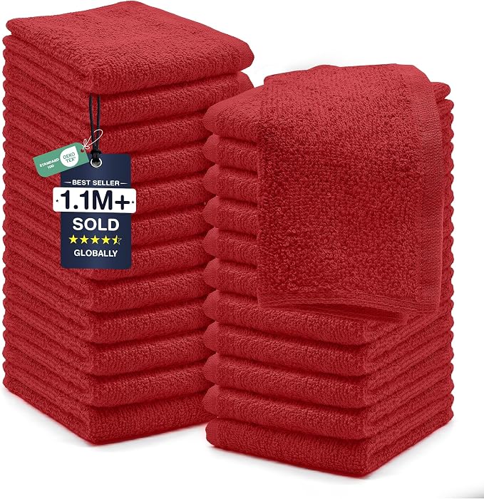 DAN RIVER 24 Pack Wash Cloths for Showering [12x12] - 100% Cotton Washcloths Premium Quality Flannel Face Cloths for Bathroom, Highly Absorbent and Soft Feel Wash Clothes, Red