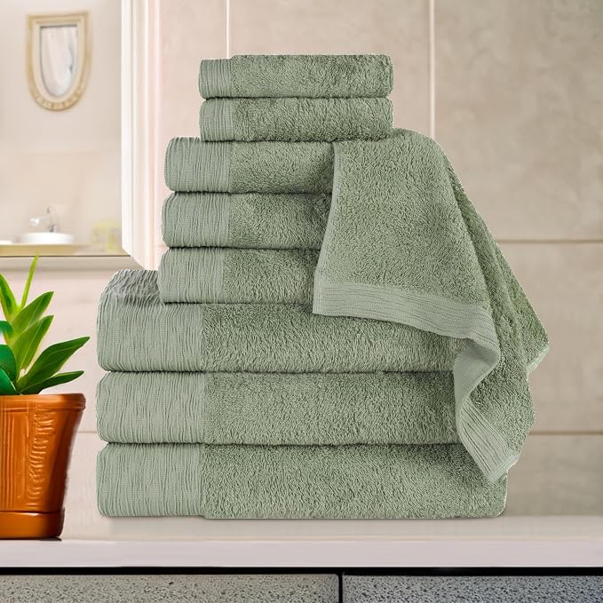 Superior Rayon from Bamboo Blend 9-Piece Towel Set, Luxury Quick Dry, Bathroom Essentials, Shower, Spa, Plush Soft Absorbent Towels, Includes 3 Bath, 3 Hand, 3 Washcloth/Face Towels, Green