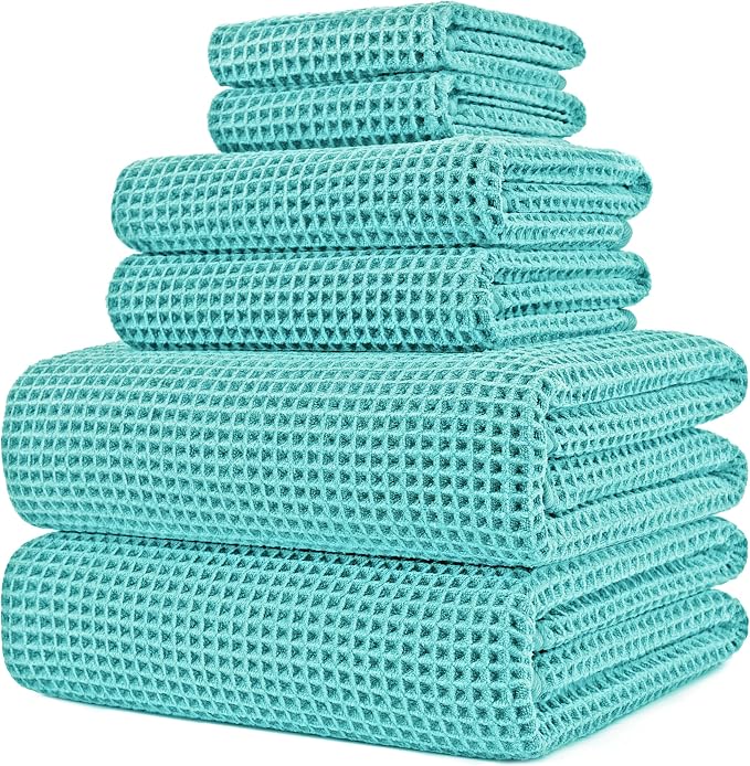 POLYTE 430 GSM Microfiber Quick Dry Lint Free Oversize Bath Towel Set, 6 Piece (Waffle Weave)
