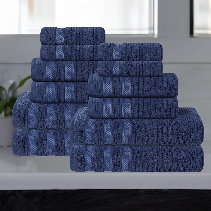 Superior Cotton 12-Piece Towel Set, Zero Twist, Ribbed Geometric, Bathroom Essentials, Shower, Spa, Luxury Plush Soft Absorbent Towels, Includes 4 Bath, 4 Hand, 4 Washcloth/Face Towels, Navy Blue